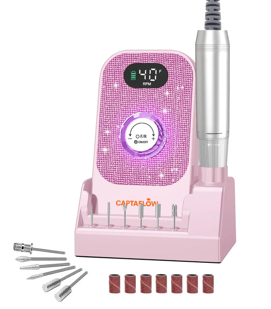 Portable Electric Nail Drill File: 40000RPM Professional Nail Drill with Bits & Base Pink Diamond Rechargeable Nail E File Machine for Remover Gel Nail Polish Acrylic Nails Manicure for Salon Home